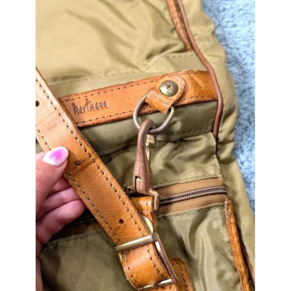 VTG. Hartmann Luggage~Tan Nylon/Belting Leather Trim Folding Garment Travel Bag